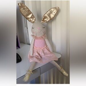 Decorative Bunny Doll with Sequin Ears Pink Dress – Weighted Home Easter Décor